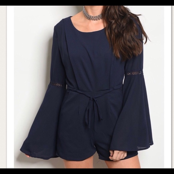 Navy Bell Sleeve Romper - Picture 1 of 2